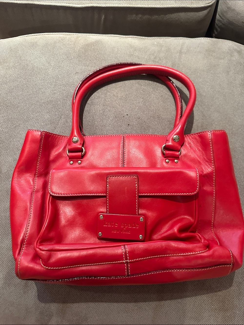 kate spade Bright Red Leather Tote with Front Flap Pocket